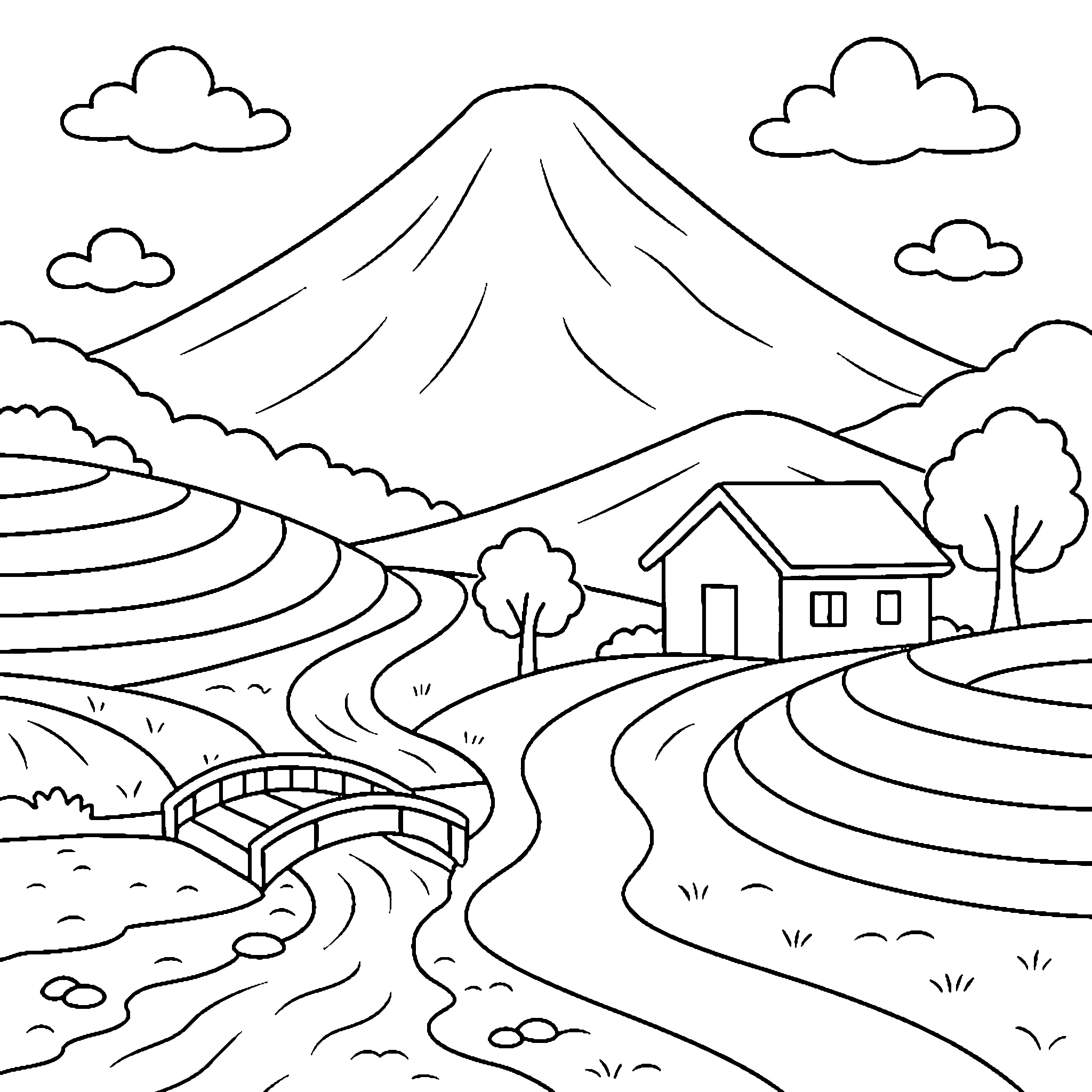 pemandangan alam gunung sungai rumah jembatan sawah